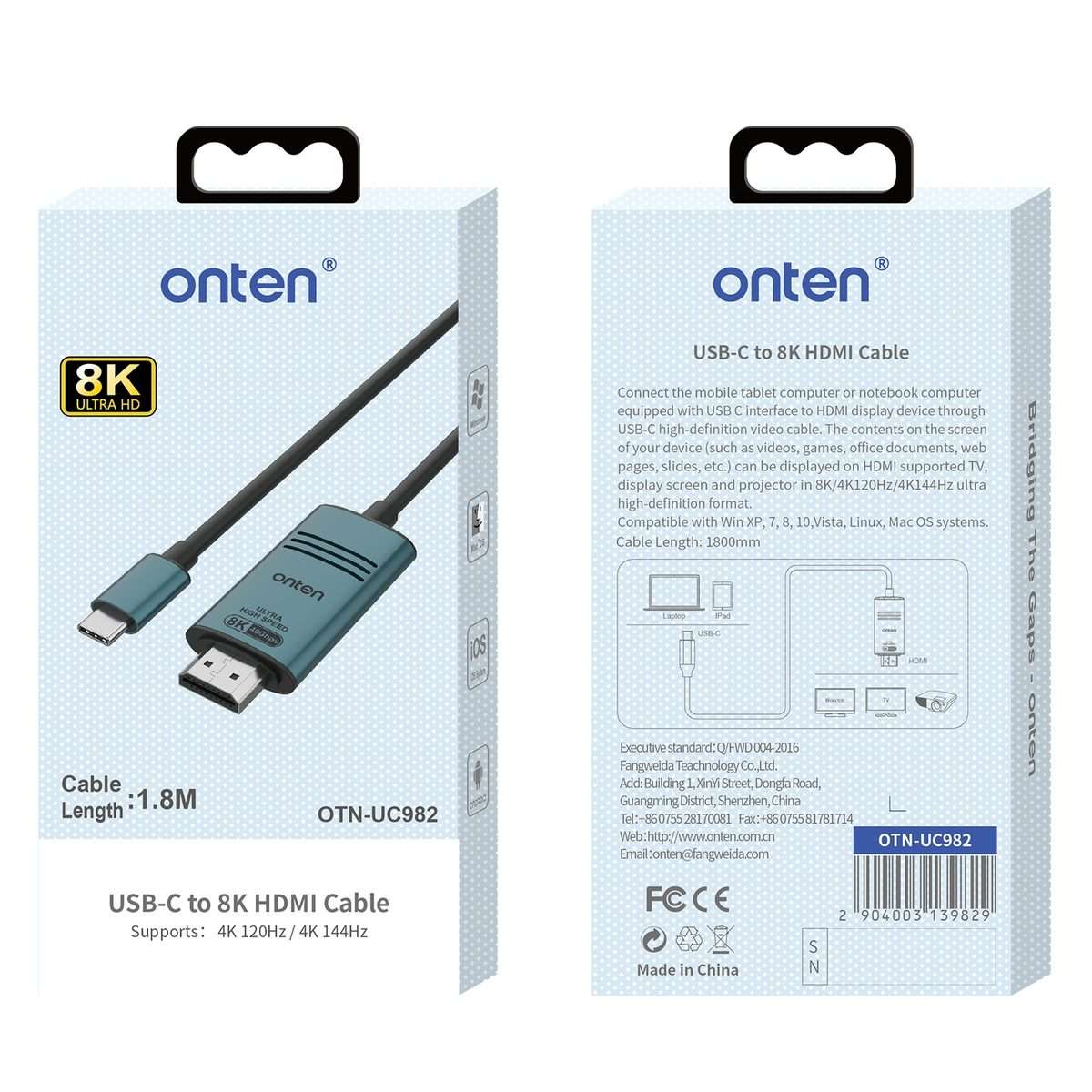Onten UC982 8K 60Hz USB-C / Type-C to HDMI Video HD Conversion Cable(Pine Green)