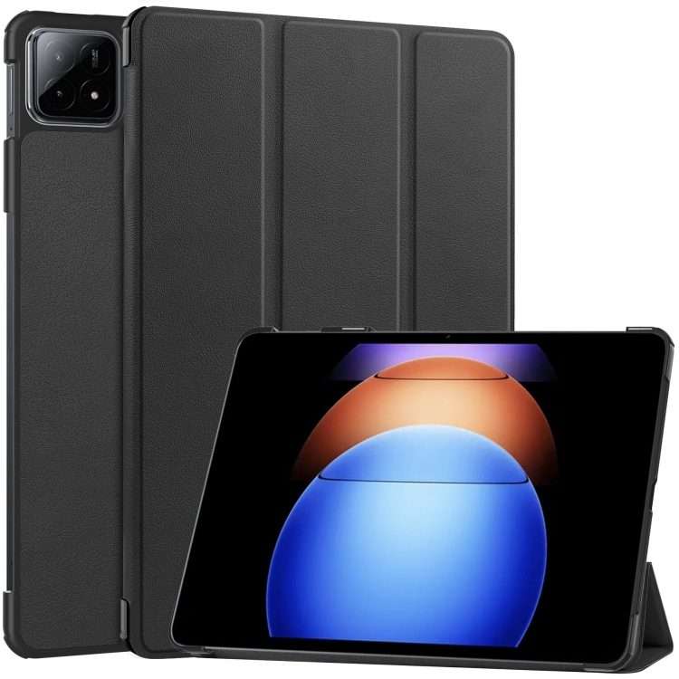 For Xiaomi Pad 6S Pro Custer Pure Color 3-Fold Holder Smart Leather Tablet Case(Black)