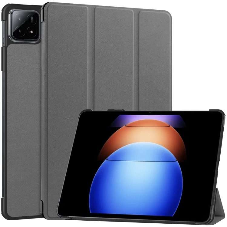 For Xiaomi Pad 6S Pro Custer Pure Color 3-Fold Holder Smart Leather Tablet Case(Grey)