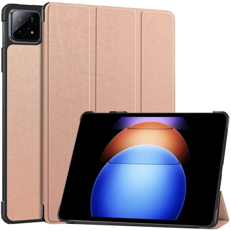 For Xiaomi Pad 6S Pro Custer Pure Color 3-Fold Holder Smart Leather Tablet Case(Rose Gold)