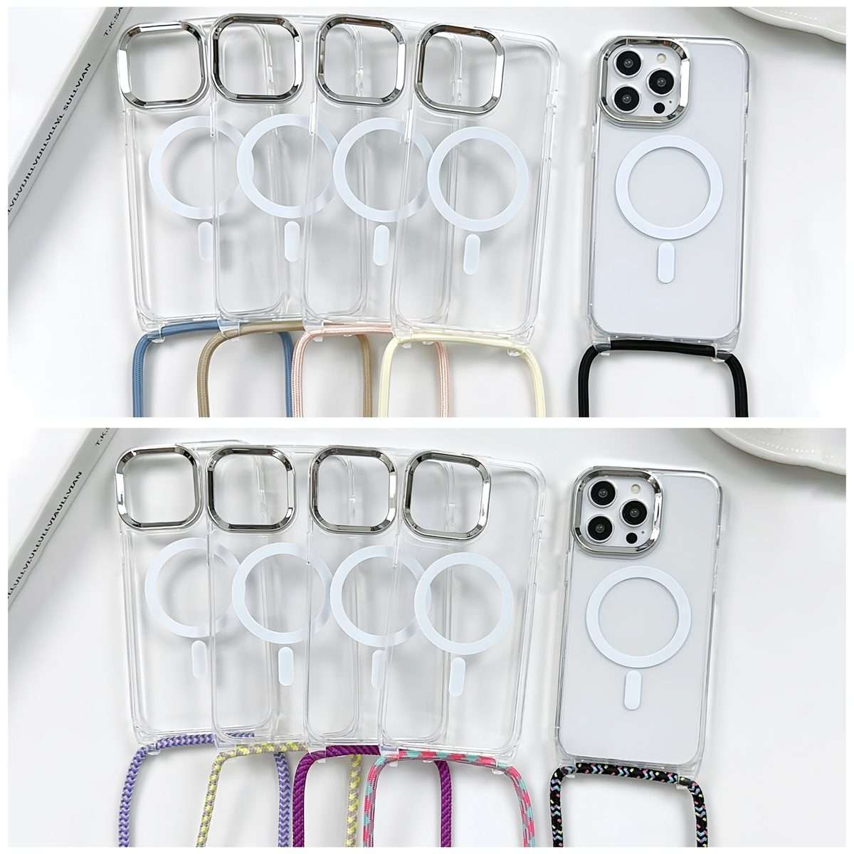 For iPhone 15 Pro Max MagSafe Magnetic PC + TPU Phone Case with Lanyard(Yellow Pink Grey)