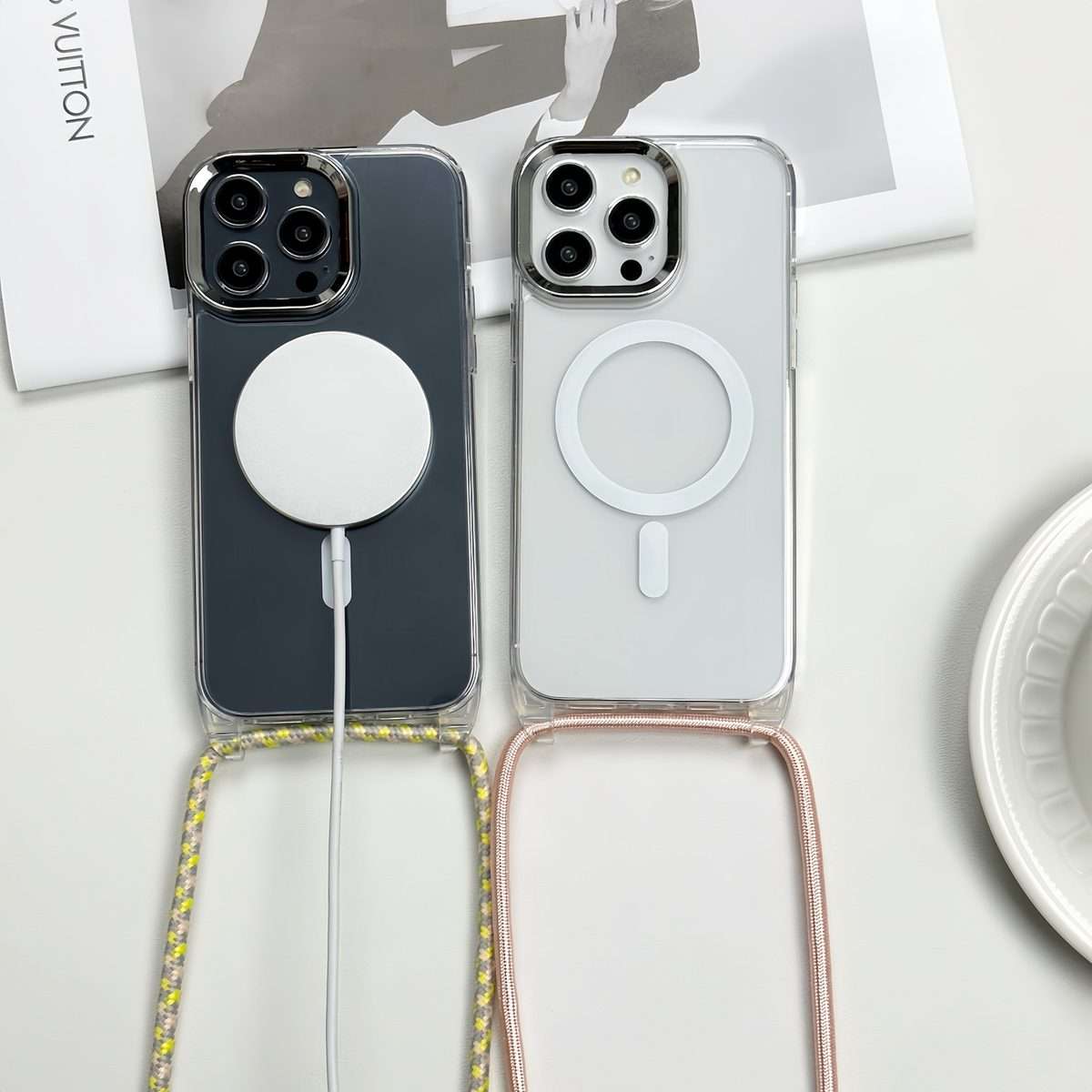 For iPhone 13 Pro Max MagSafe Magnetic PC + TPU Phone Case with Lanyard(Grey Blue)