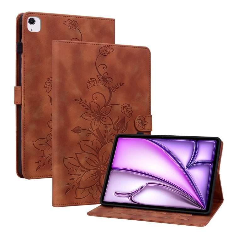For iPad Air 13 2026 / 2025 / 2024 Lily Embossed Leather Smart Tablet Case(Brown)