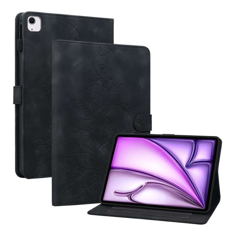 For iPad Air 11 2026 / 2025 / 2024 Lily Embossed Leather Smart Tablet Case(Black)