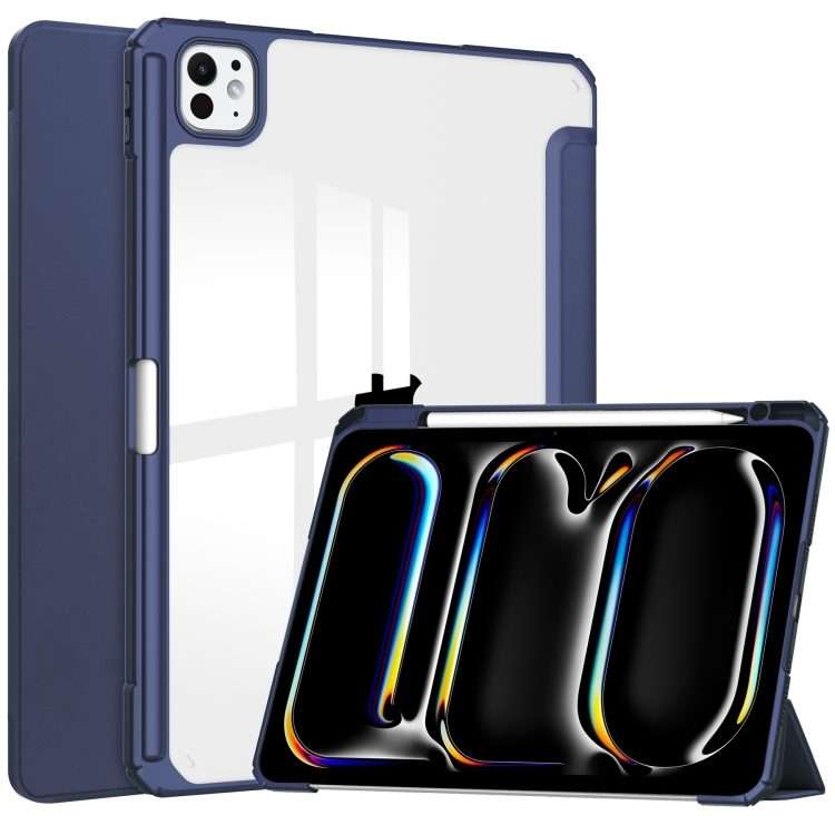 For iPad Pro 13 2025 / 2024 Pure Color 3-fold Clear TPU Smart Leather Tablet Case(Dark Blue)