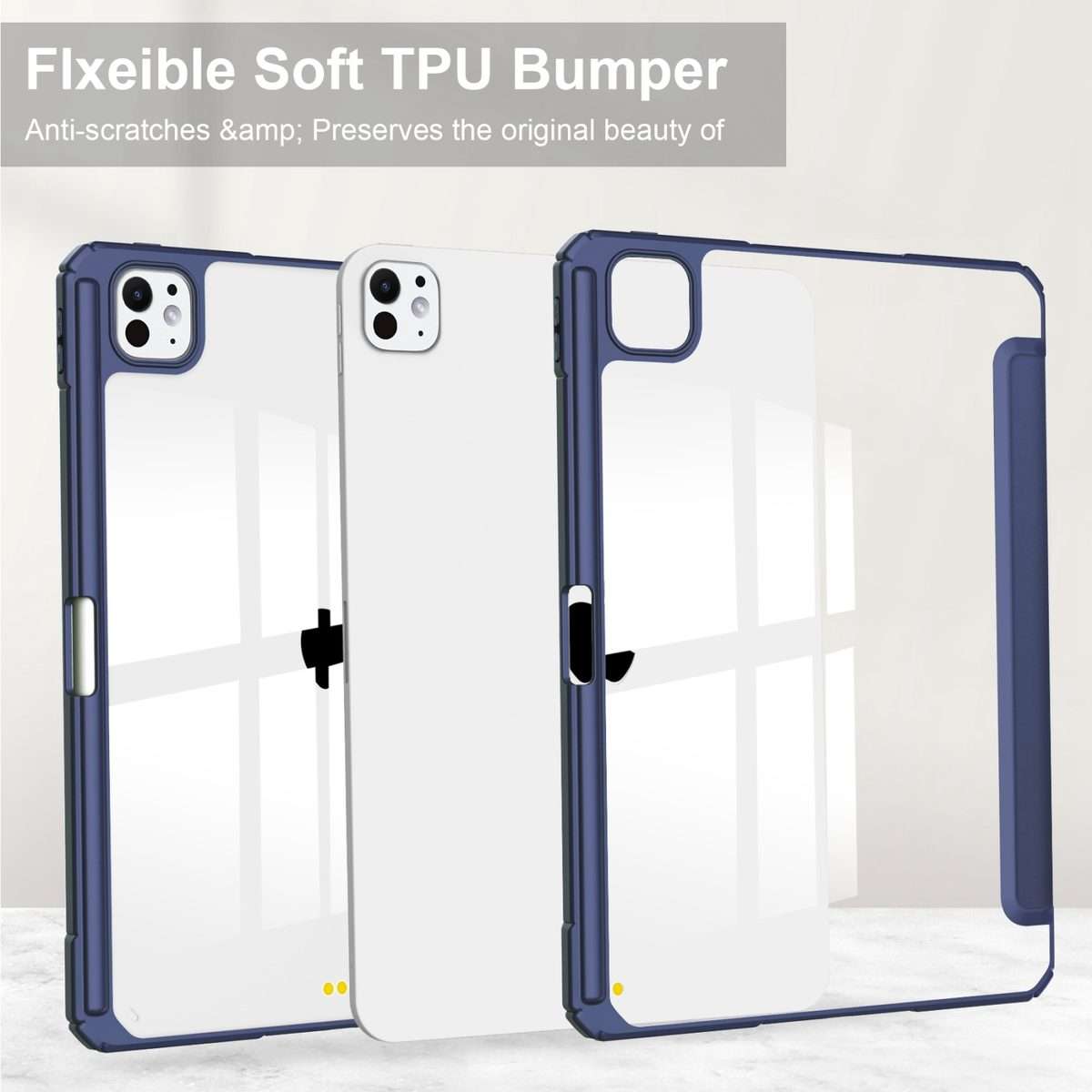 For iPad Pro 13 2025 / 2024 Pure Color 3-fold Clear TPU Smart Leather Tablet Case(Dark Blue)