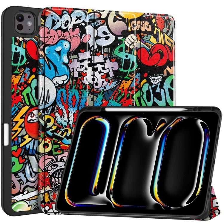 For iPad Pro 13 2025 / 2024 Custer Painted 3-Fold Holder Smart Leather Tablet Case ... (Graffiti)