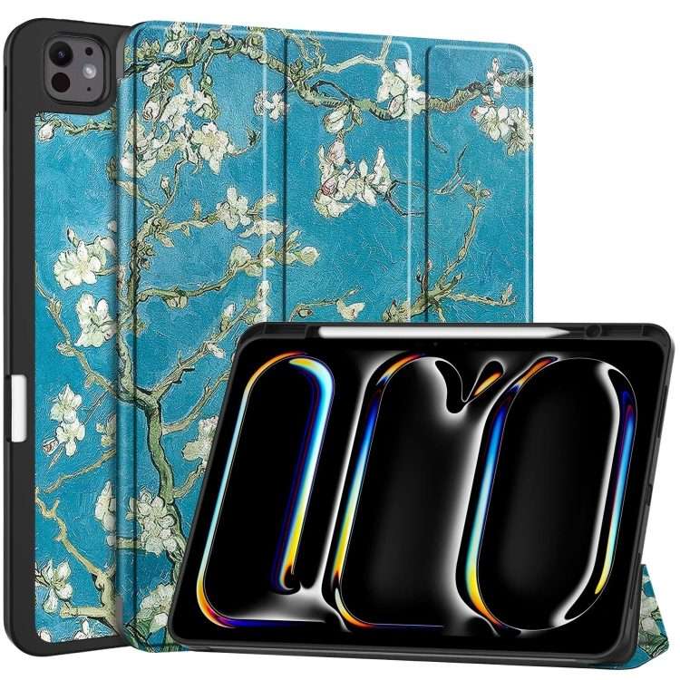 For iPad Pro 13 2025 / 2024 Custer Painted 3-Fold Holder Smart Leather Tablet ... (Apricot Flower)