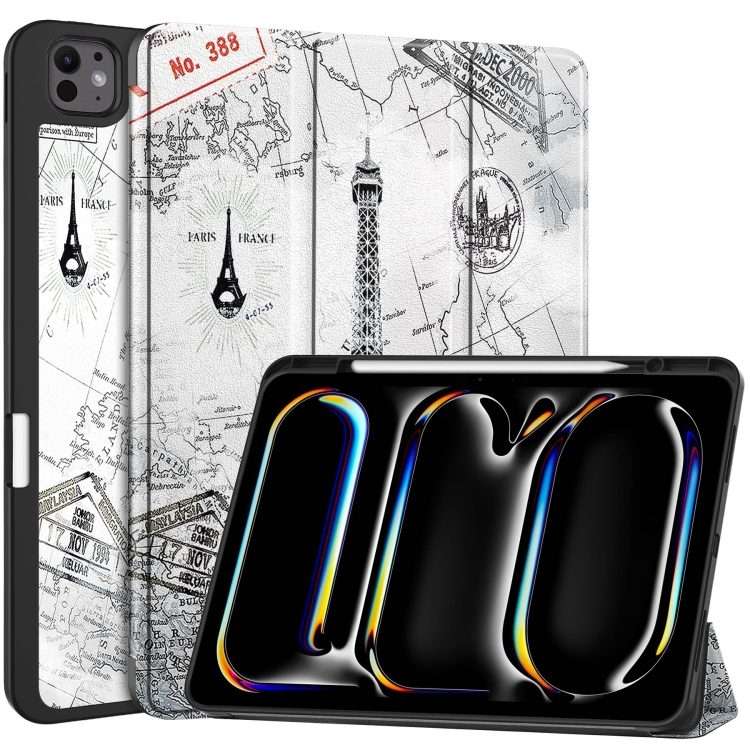 For iPad Pro 13 2025 / 2024 Custer Painted 3-Fold Holder Smart Leather Tablet C ... (Eiffel Tower)