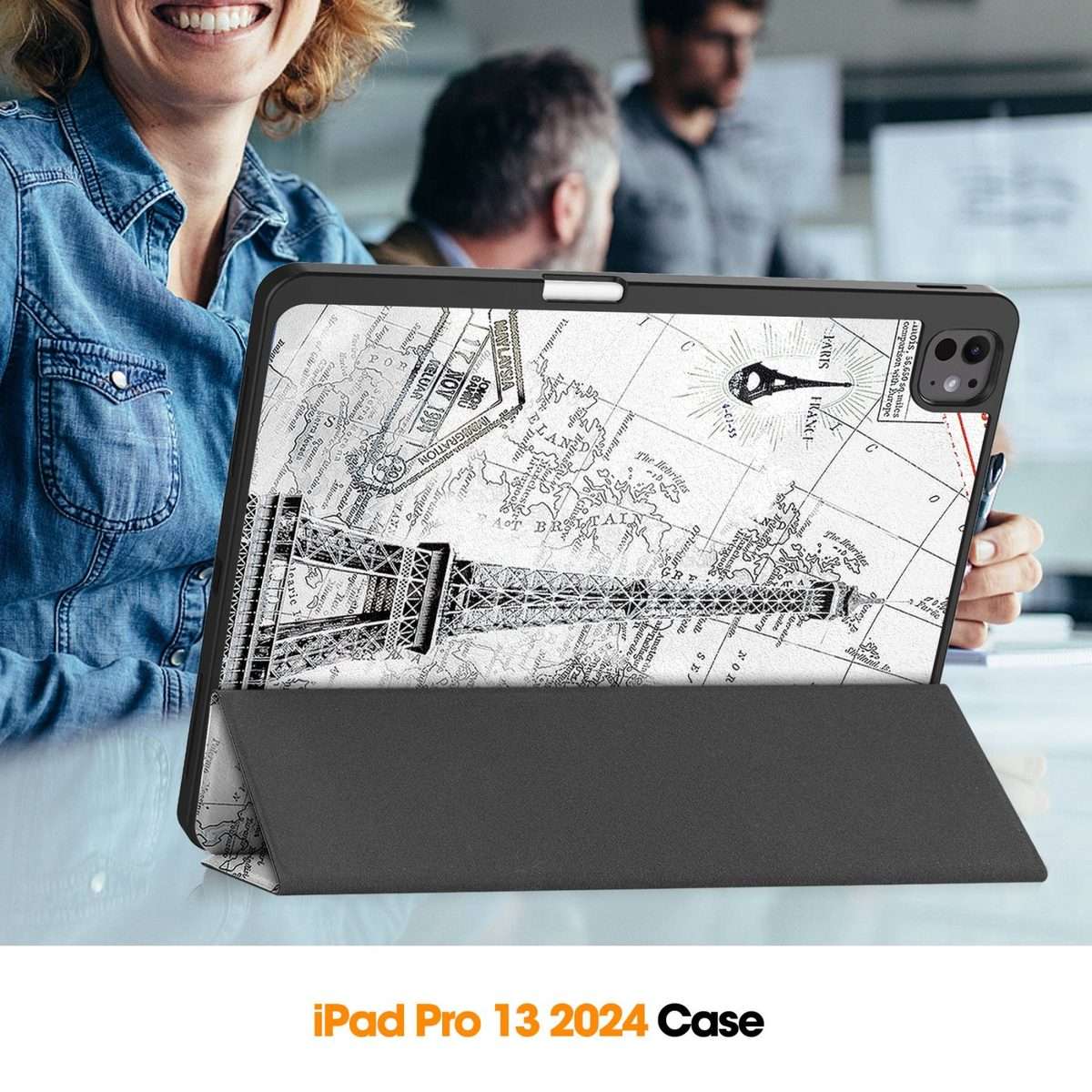 For iPad Pro 13 2025 / 2024 Custer Painted 3-Fold Holder Smart Leather Tablet C ... (Eiffel Tower)
