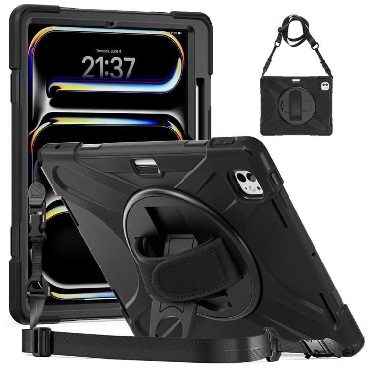 For iPad Pro 13 2025 / 2024 Rotatable Holder Silicone Hybrid PC Tablet Case with Shoul ... (Black)