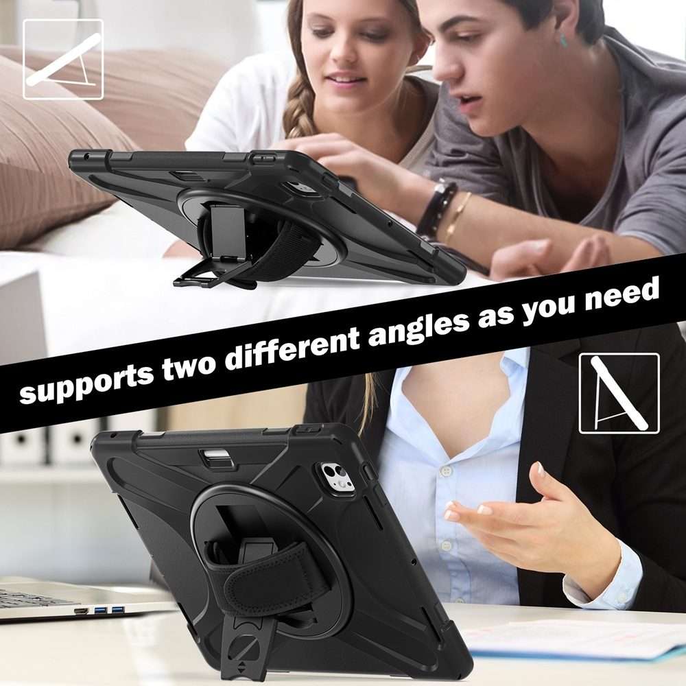 For iPad Pro 13 2025 / 2024 Rotatable Holder Silicone Hybrid PC Tablet Case with Shoul ... (Black)