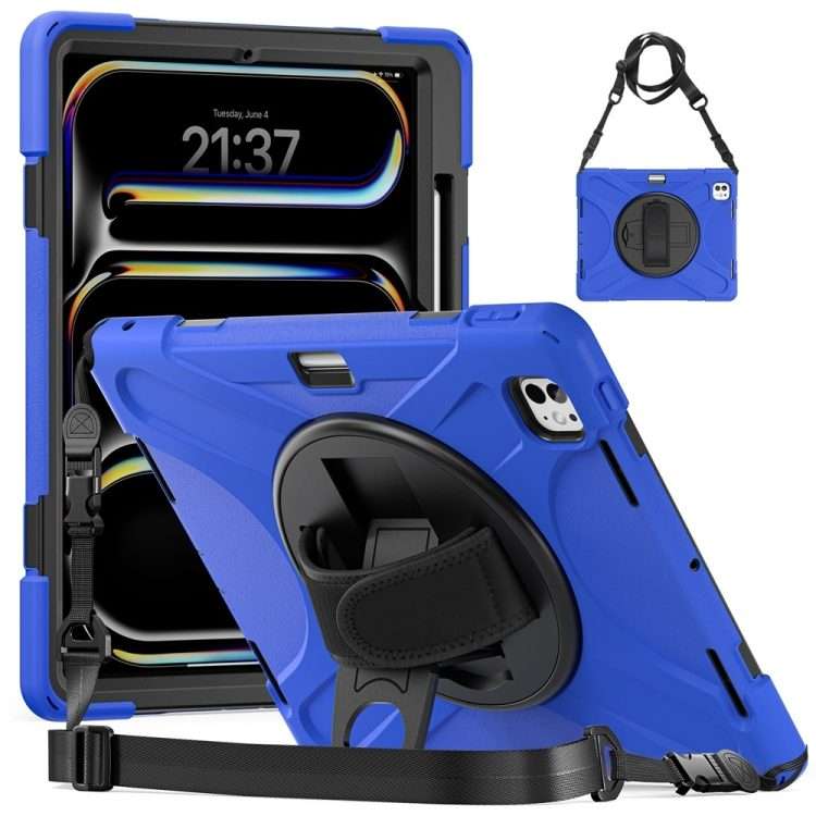 For iPad Pro 13 2025 / 2024 Rotatable Holder Silicone Hybrid PC Tablet Case with Should ... (Blue)