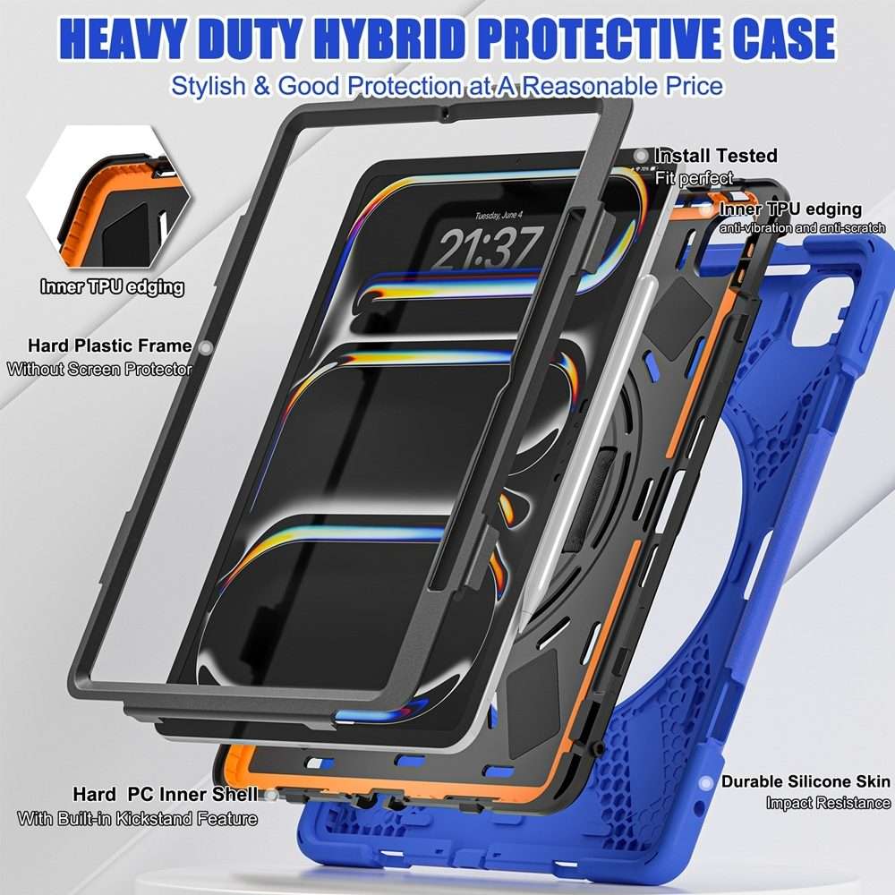 For iPad Pro 13 2025 / 2024 Rotatable Holder Silicone Hybrid PC Tablet Case with Should ... (Blue)