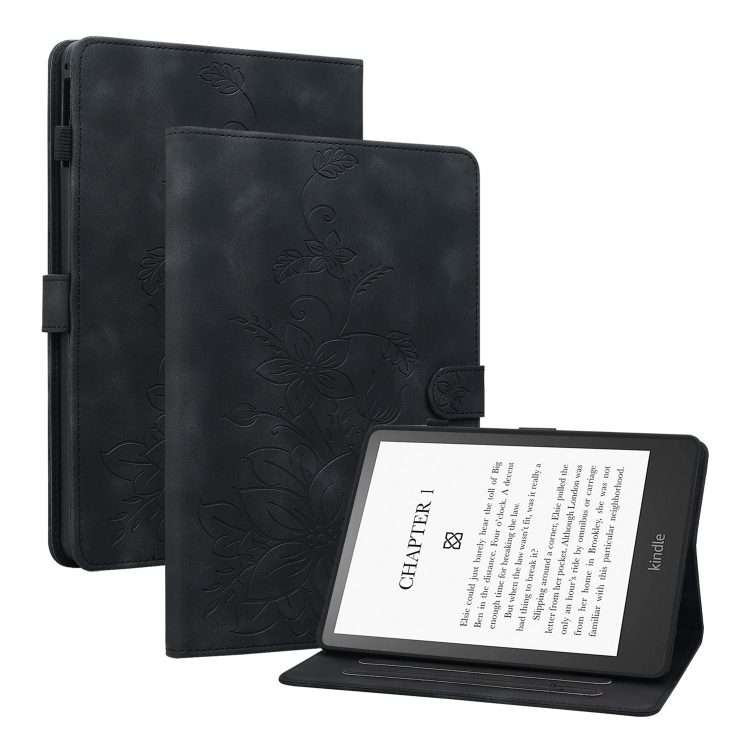 For Amazon Kindle Paperwhite 12th Gen 2024 Lily Embossed Leather Smart Tablet Case(Black)