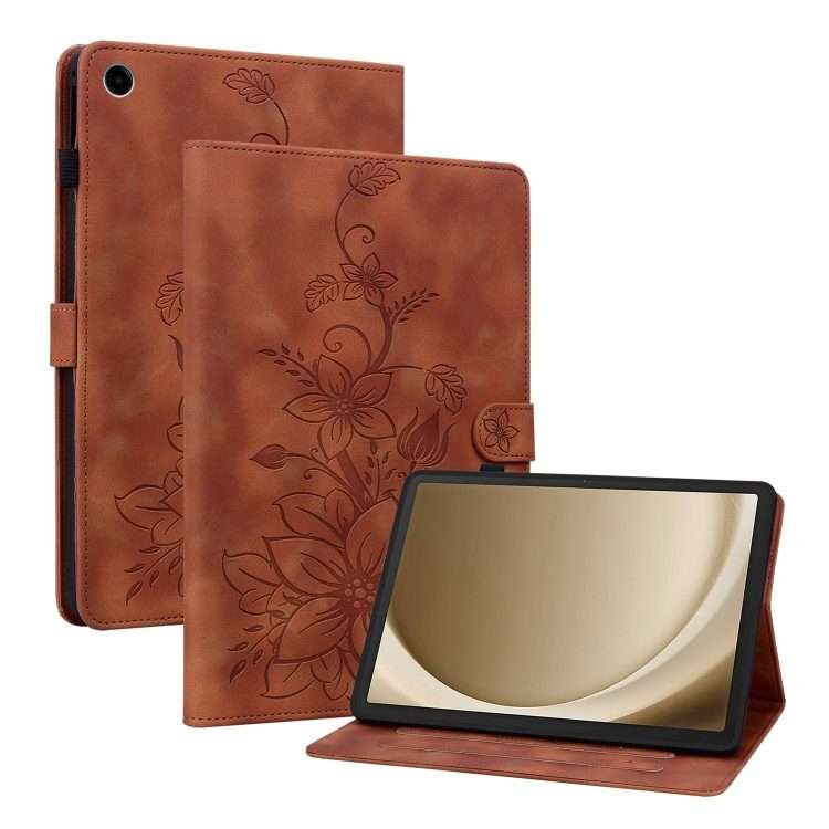 For Samsung Galaxy Tab A11+ / A9+ Lily Embossed Leather Tablet Case(Brown)