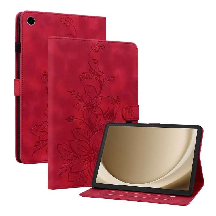For Samsung Galaxy Tab A11+ / A9+ Lily Embossed Leather Tablet Case(Red)