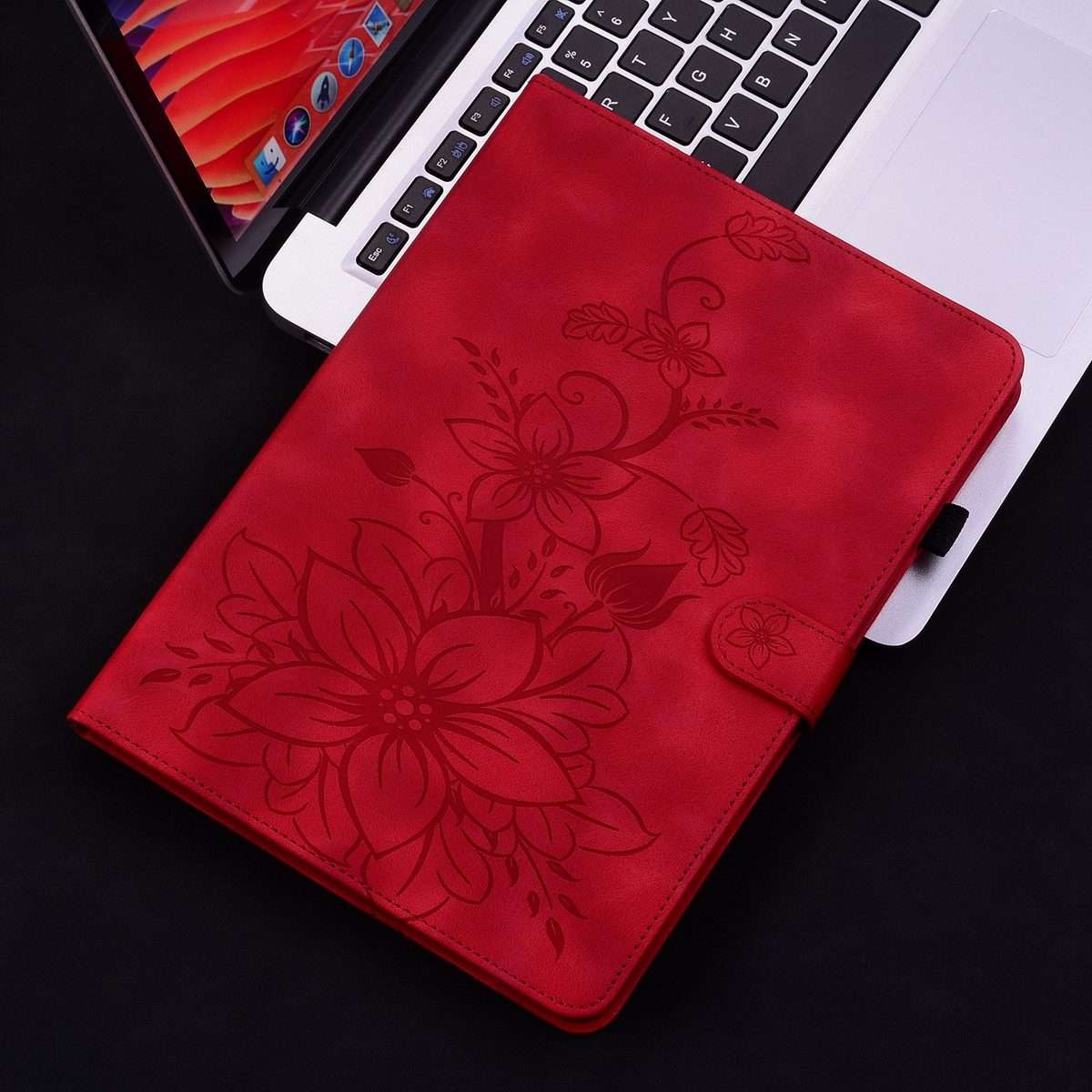For Samsung Galaxy Tab A11+ / A9+ Lily Embossed Leather Tablet Case(Red)