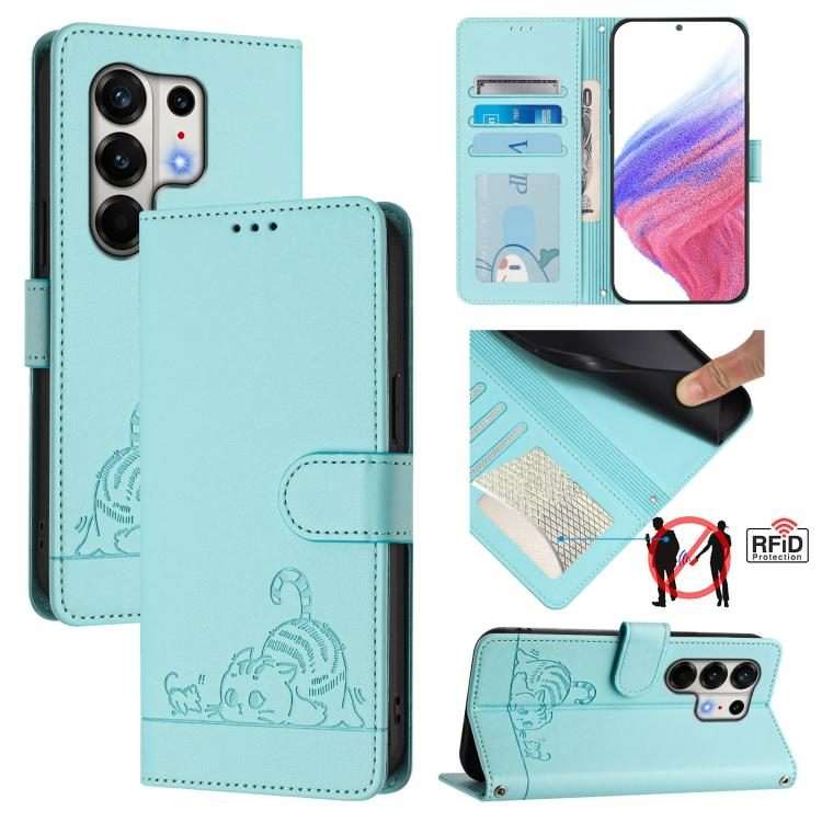 For Tecno Camon 50 Pro 4G Cat Rat Embossed Pattern RFID Leather Phone Case with L ... (Mint Green)