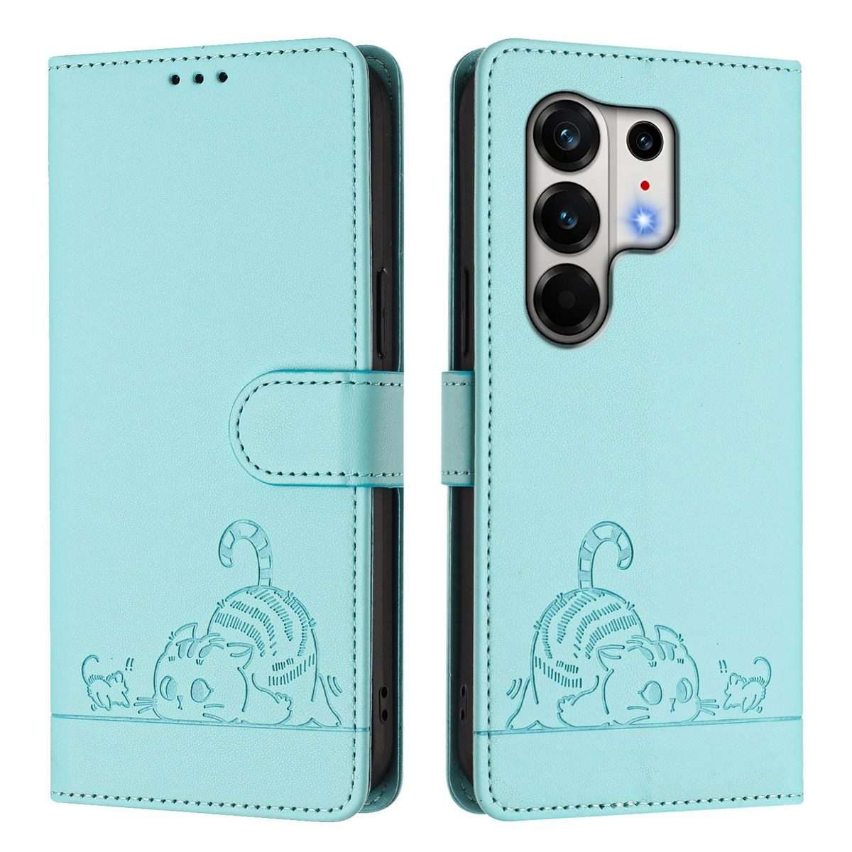 For Tecno Camon 50 Pro 4G Cat Rat Embossed Pattern RFID Leather Phone Case with L ... (Mint Green)
