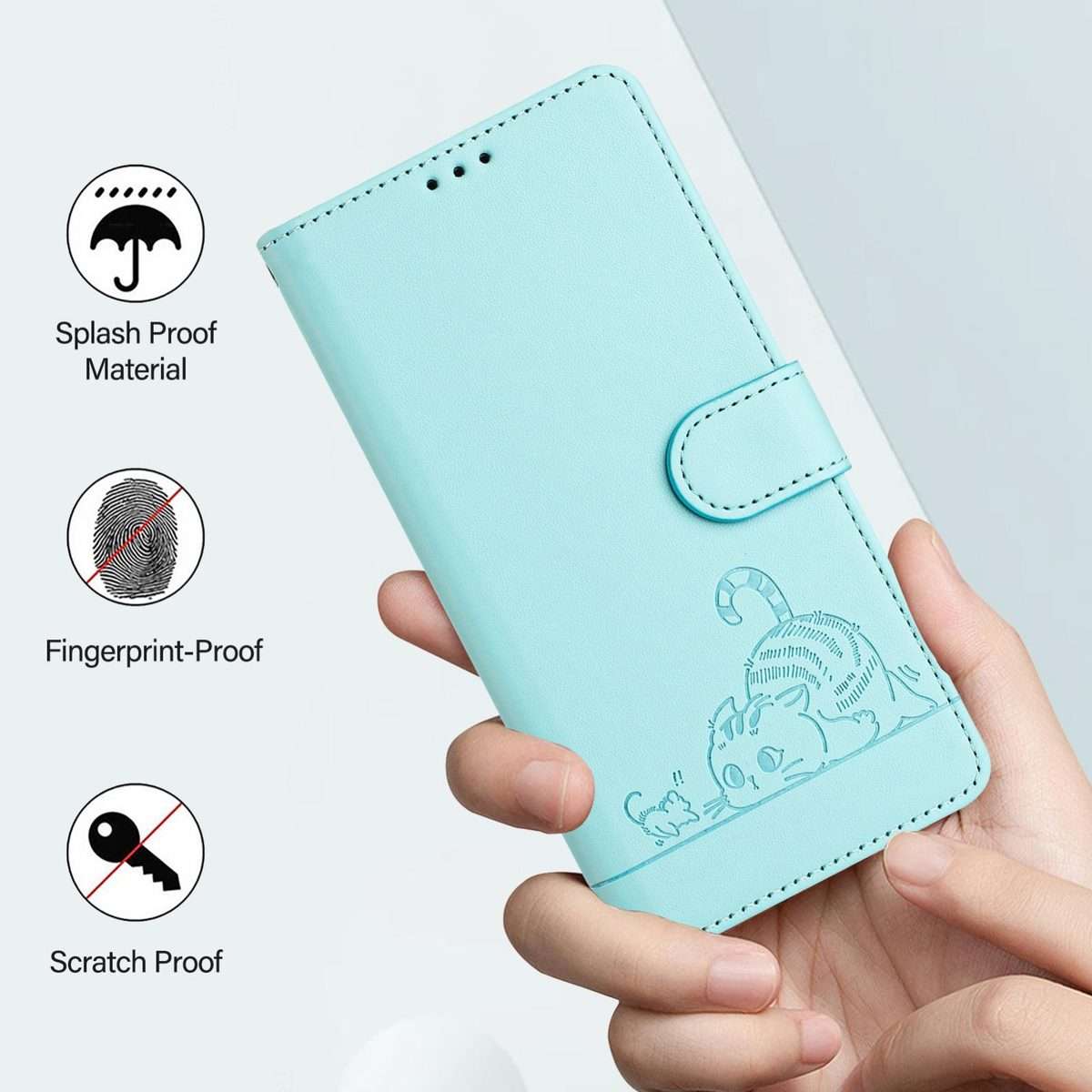 For Tecno Camon 50 Pro 4G Cat Rat Embossed Pattern RFID Leather Phone Case with L ... (Mint Green)
