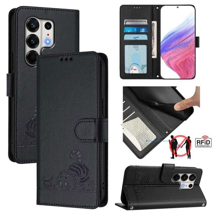 For Tecno Camon 50 Pro 4G Cat Rat Embossed Pattern RFID Leather Phone Case with Lanyard(Black)