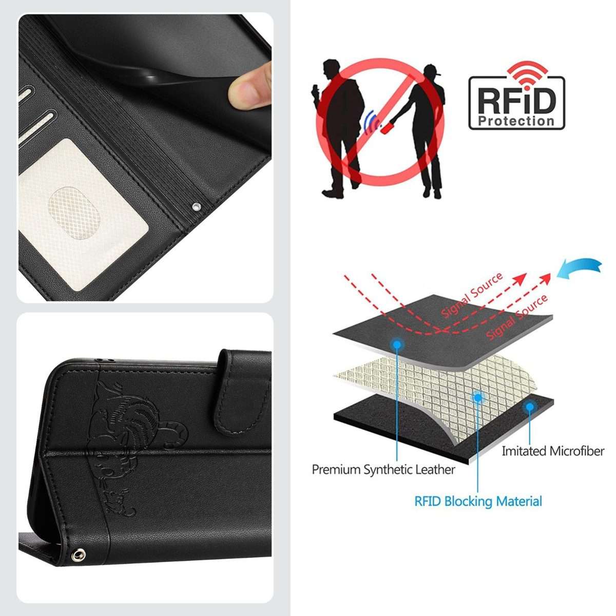 For Tecno Camon 50 Pro 4G Cat Rat Embossed Pattern RFID Leather Phone Case with Lanyard(Black)
