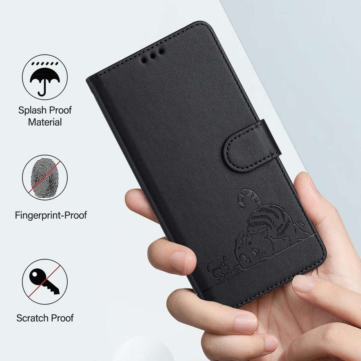 For Tecno Camon 50 Pro 4G Cat Rat Embossed Pattern RFID Leather Phone Case with Lanyard(Black)