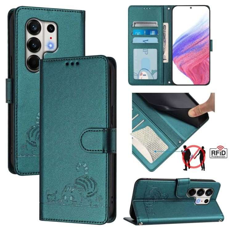 For Tecno Camon 50 Pro 4G Cat Rat Embossed Pattern RFID Leather Phone Case wit ... (Peacock Green)