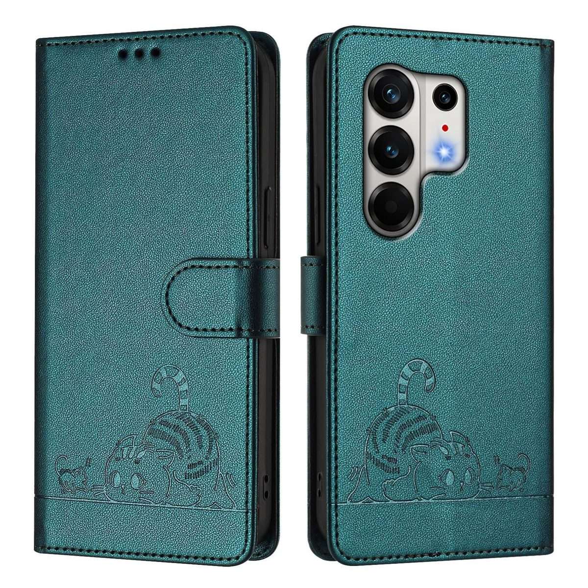 For Tecno Camon 50 Pro 4G Cat Rat Embossed Pattern RFID Leather Phone Case wit ... (Peacock Green)