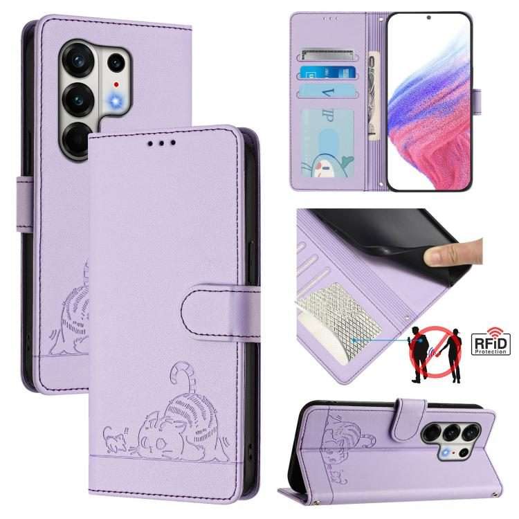 For Tecno Camon 50 Pro 4G Cat Rat Embossed Pattern RFID Leather Phone Case with Lanyard(Purple)