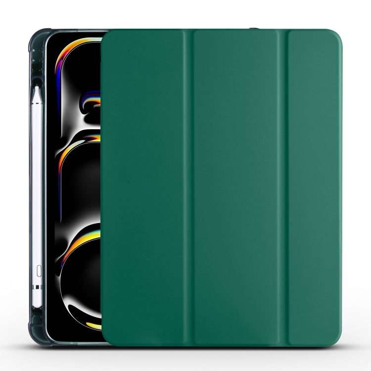 For iPad Pro 13 2025 / 2024 3-fold TPU Leather Smart Tablet Case with Pen Slot(Pine Green)