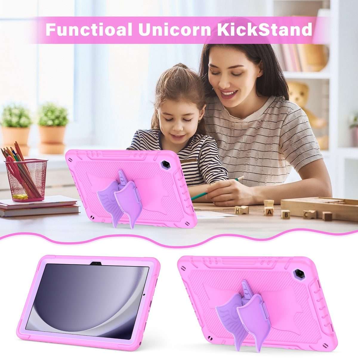 For Samsung Galaxy A9+ Kickstand PC Hybrid Silicone Tablet Case(Pink Purple)