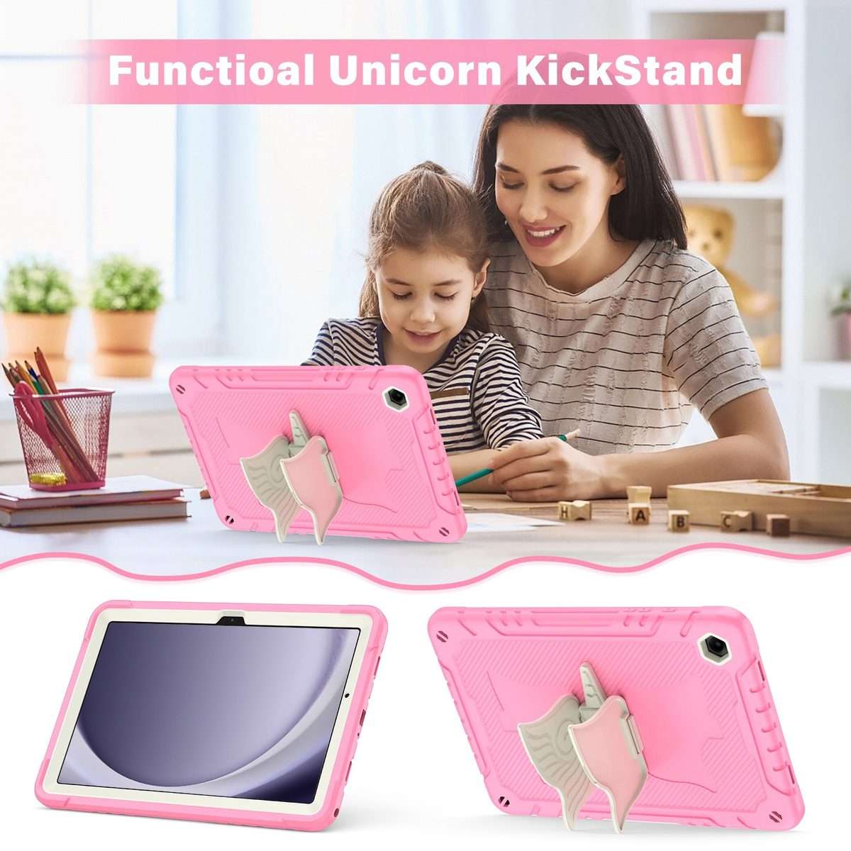 For Samsung Galaxy A9+ Kickstand PC Hybrid Silicone Tablet Case(Beige Pink)