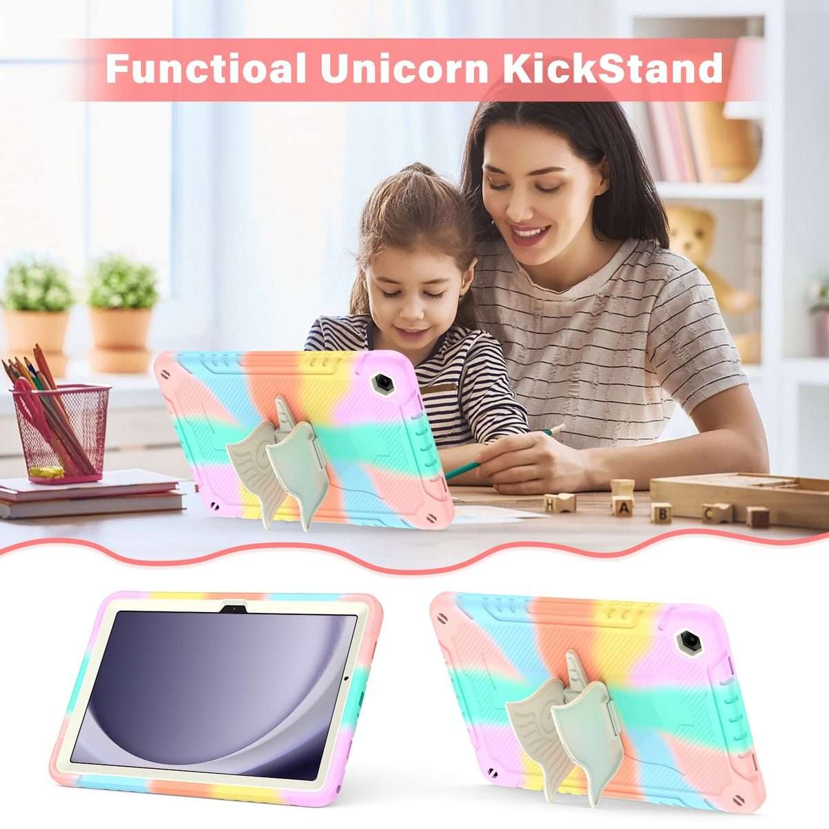 For Samsung Galaxy A9+ Kickstand PC Hybrid Silicone Tablet Case(Colorful Rose Gold)