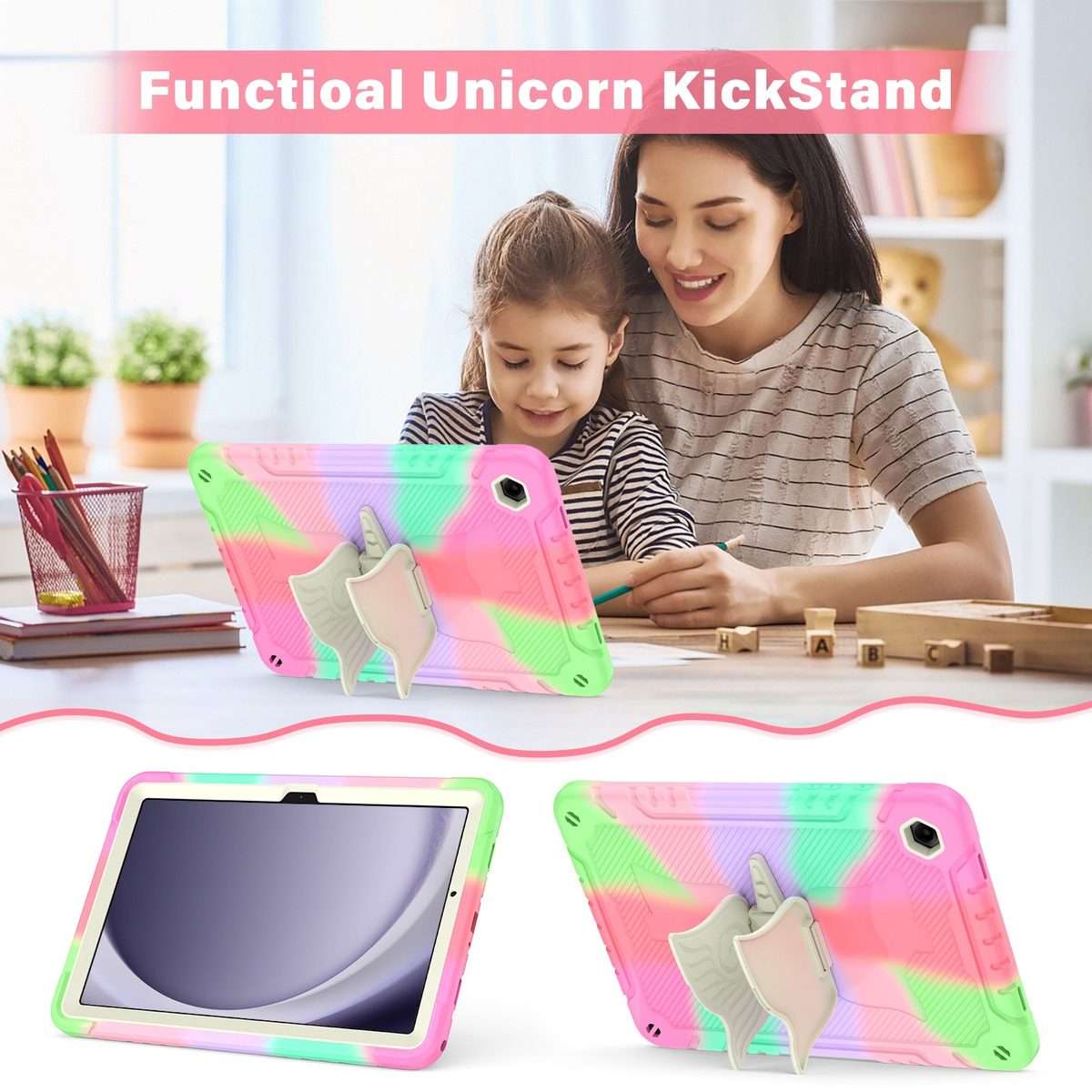 For Samsung Galaxy A9+ Kickstand PC Hybrid Silicone Tablet Case(Colorful Rose Red)