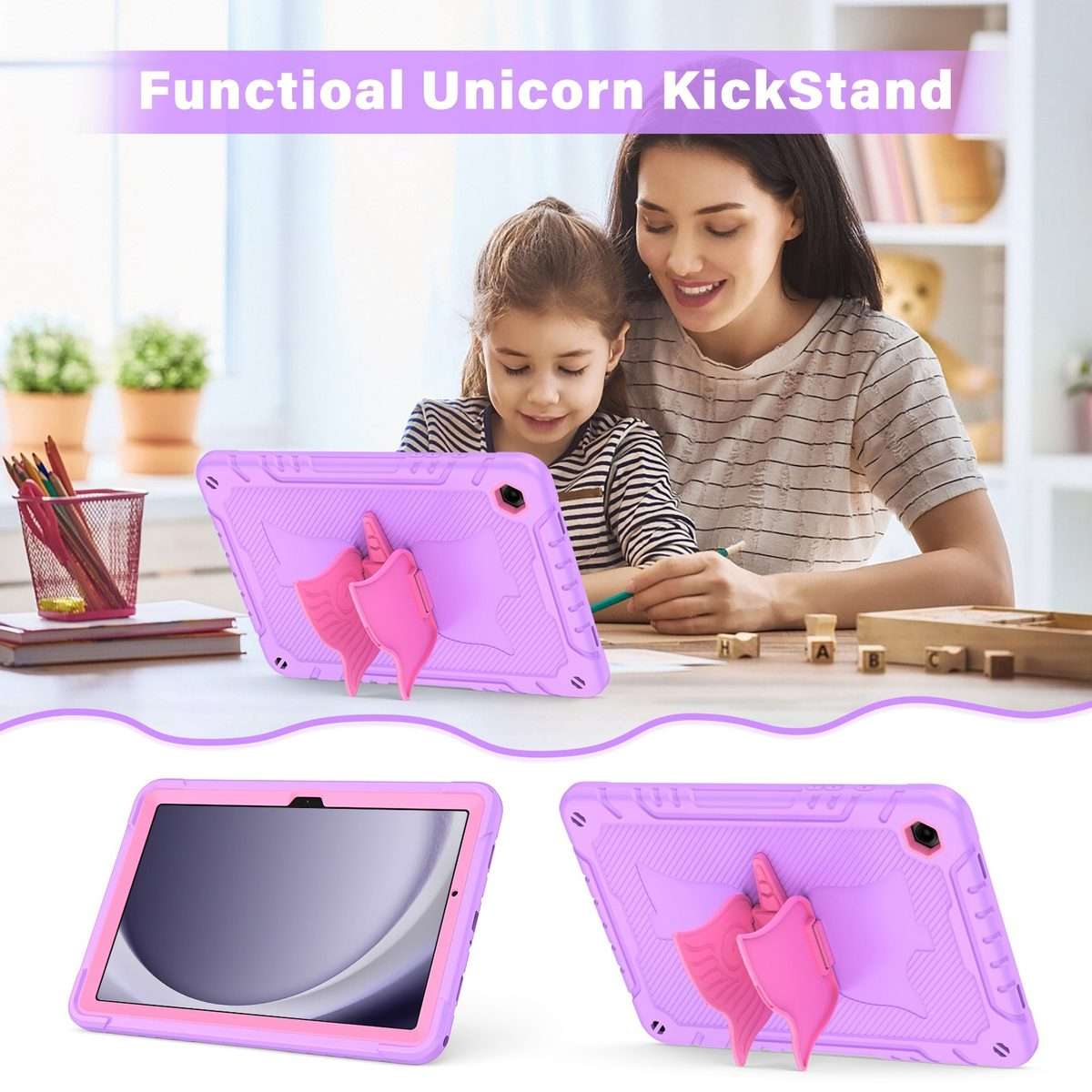 For Samsung Galaxy A9+ Kickstand PC Hybrid Silicone Tablet Case(Purple Rose Red)
