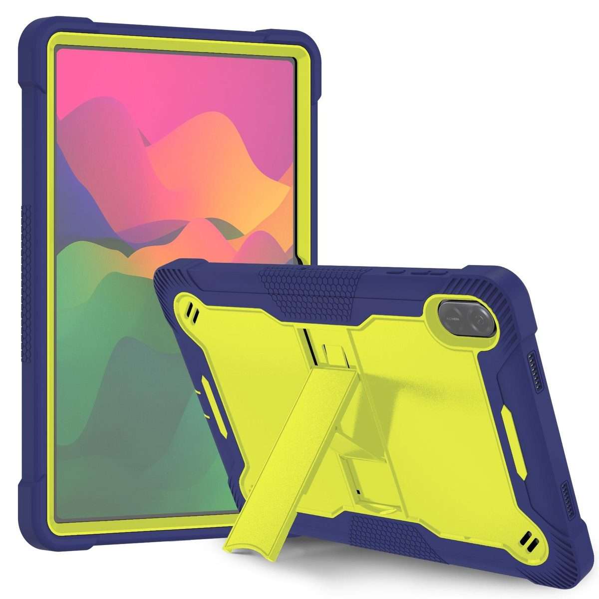 For Honor Pad X8a Shockproof Silicone Hybrid PC Tablet Case with Holder(Yellow Green + Navy Blue)