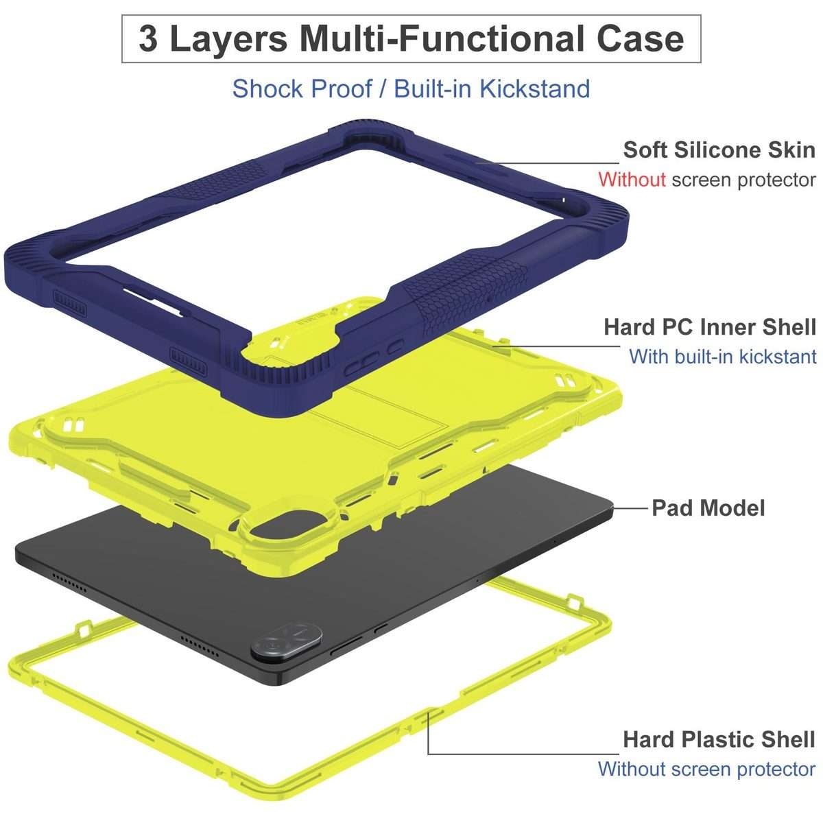 For Honor Pad X8a Shockproof Silicone Hybrid PC Tablet Case with Holder(Yellow Green + Navy Blue)