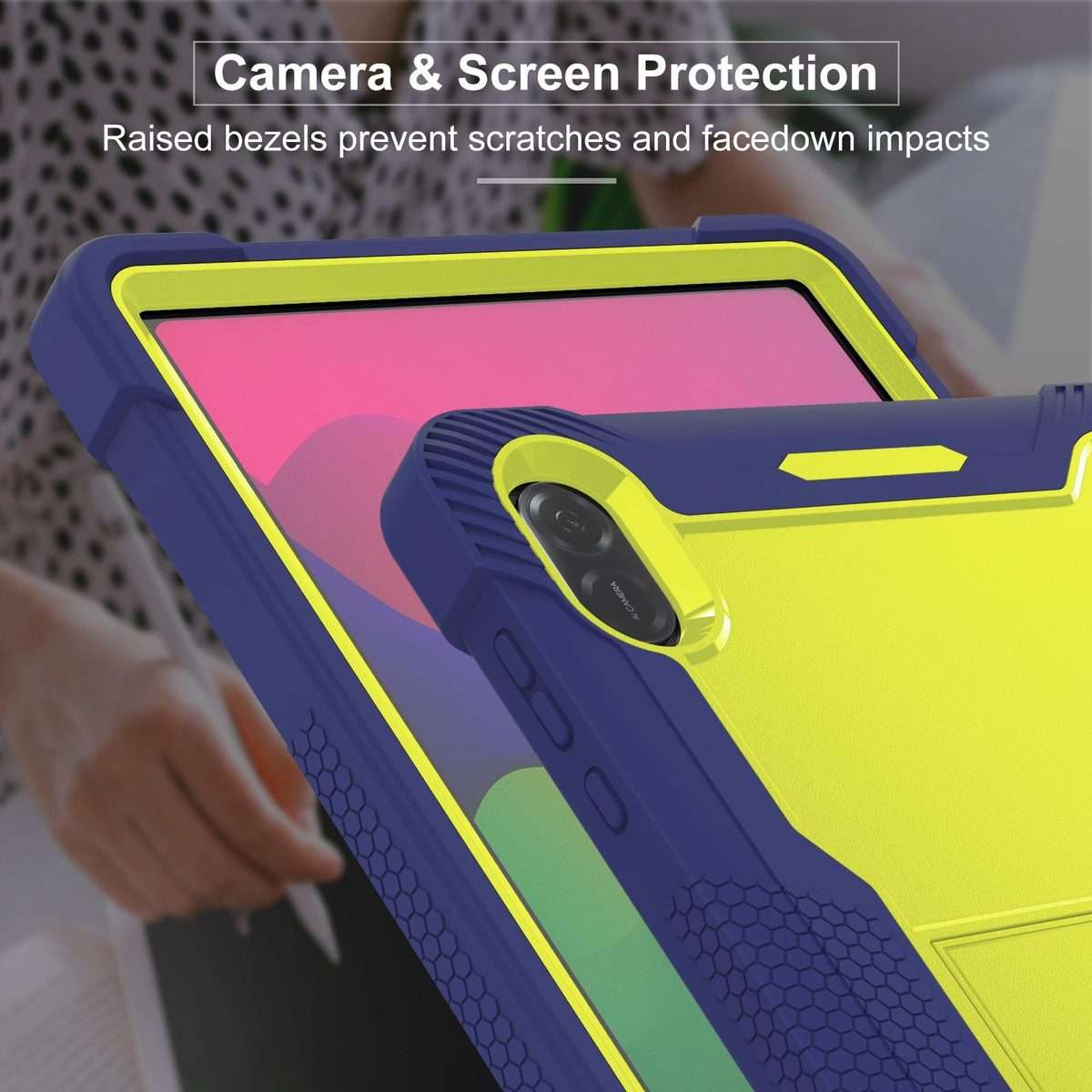 For Honor Pad X8a Shockproof Silicone Hybrid PC Tablet Case with Holder(Yellow Green + Navy Blue)