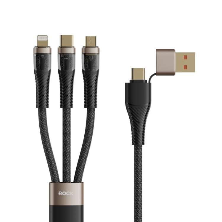 ROCK G20 Two to Three 5A USB+Type-C to 8 Pin+Type-C+Micro USB Fast Charging Data Cable ... (Black)