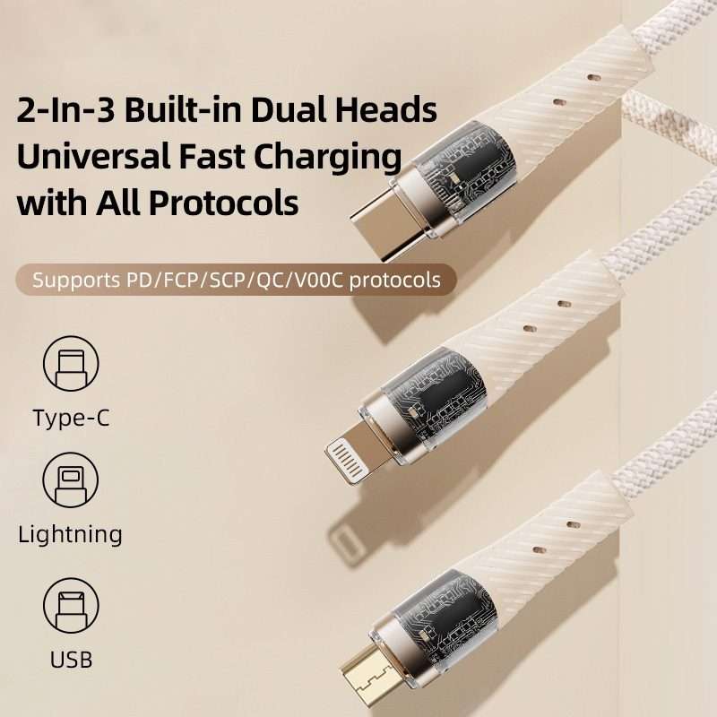 ROCK G20 Two to Three 5A USB+Type-C to 8 Pin+Type-C+Micro USB Fast Charging Data Cable ... (Beige)