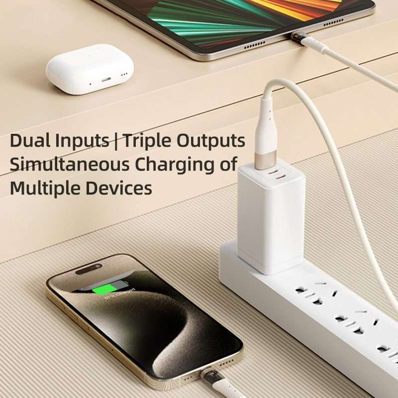 ROCK G20 Two to Three 5A USB+Type-C to 8 Pin+Type-C+Micro USB Fast Charging Data Cable ... (Beige)
