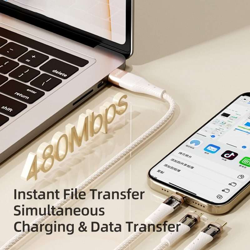 ROCK G20 Two to Three 5A USB+Type-C to 8 Pin+Type-C+Micro USB Fast Charging Data Cable ... (Beige)