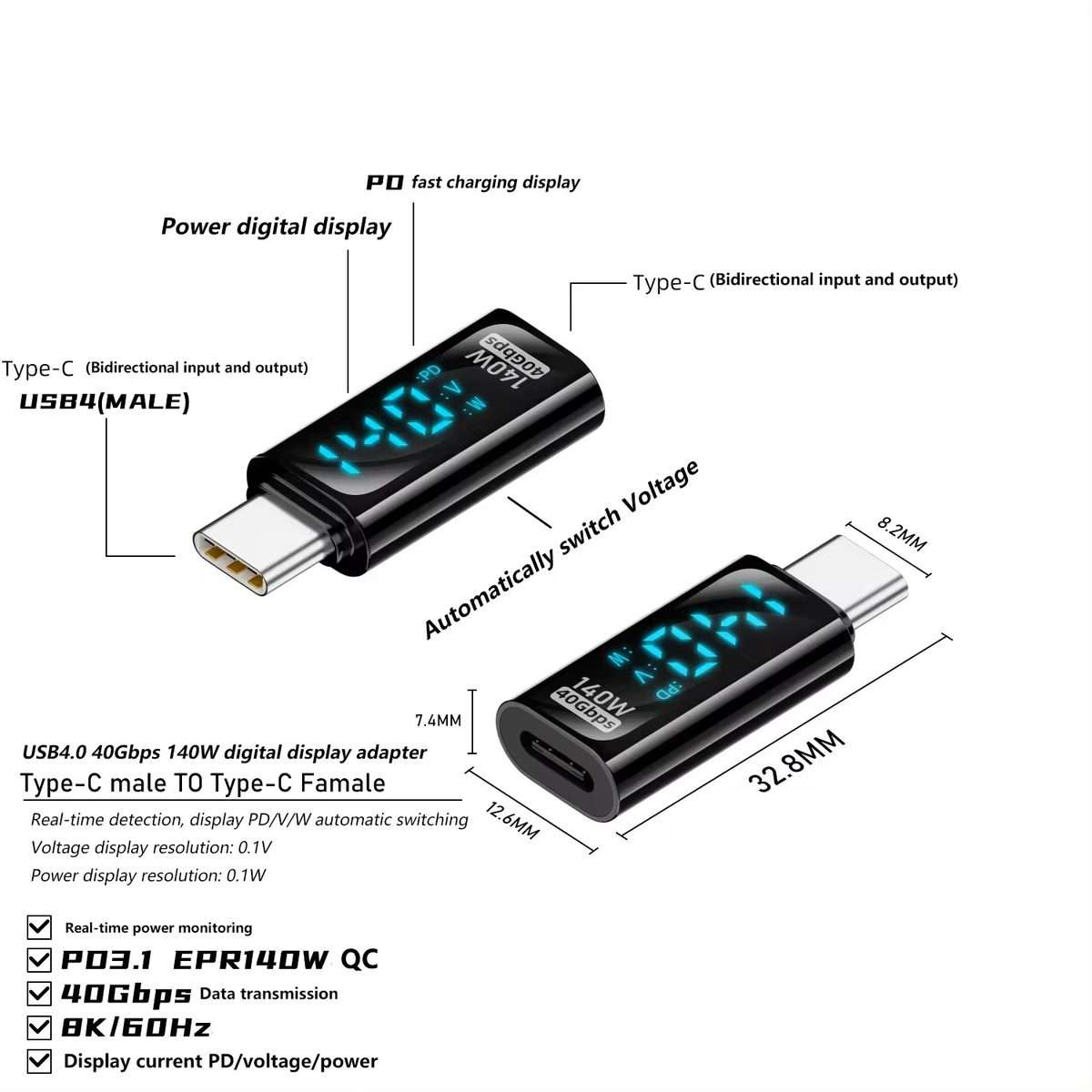 Type-C Male to Type-C Female 140W Charging Adapter with Digital Display(Black)