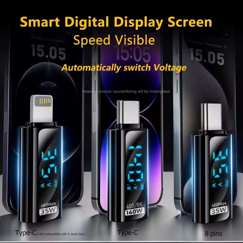 Type-C Male to Type-C Female 140W Charging Adapter with Digital Display(Black)