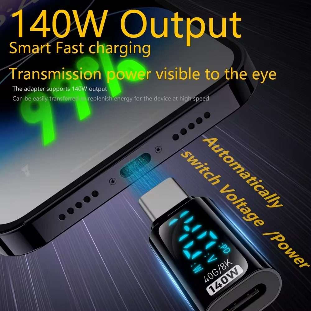 Type-C Male to Type-C Female 140W Charging Adapter with Digital Display(Black)