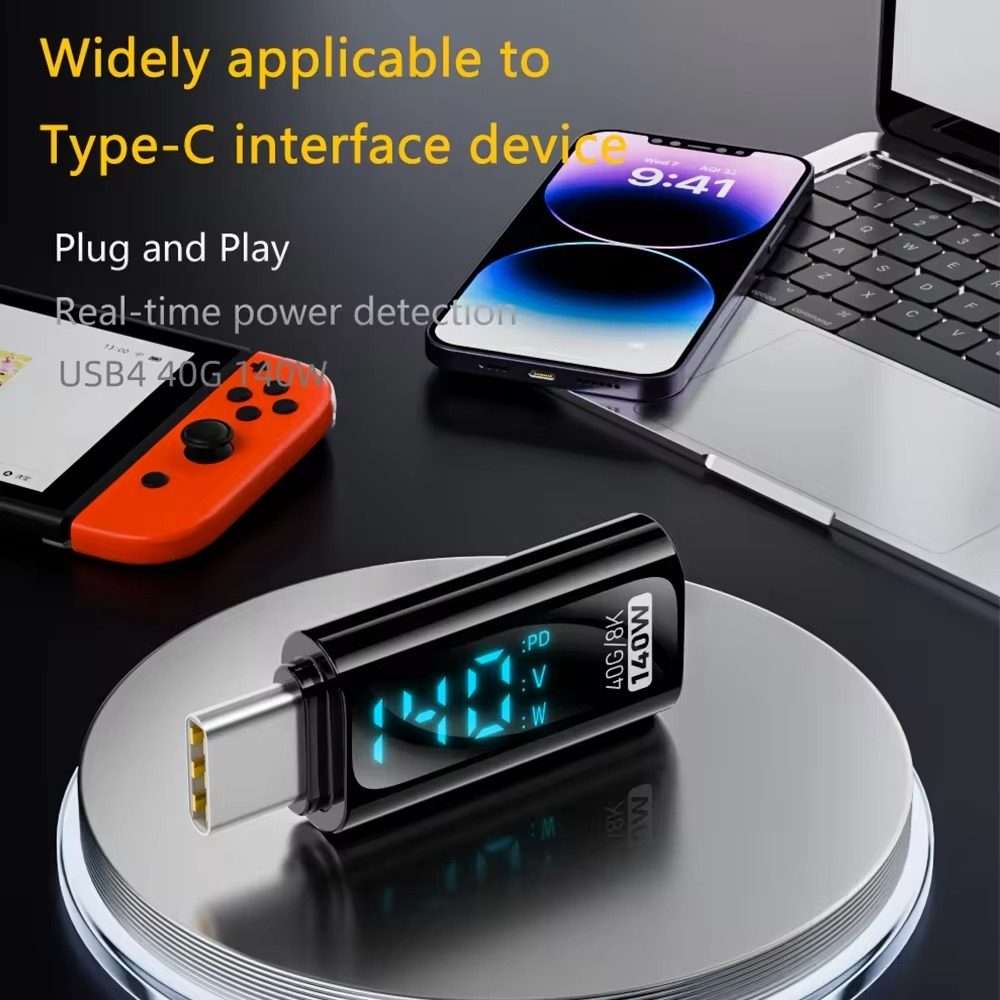 Type-C Male to Type-C Female 140W Charging Adapter with Digital Display(Black)