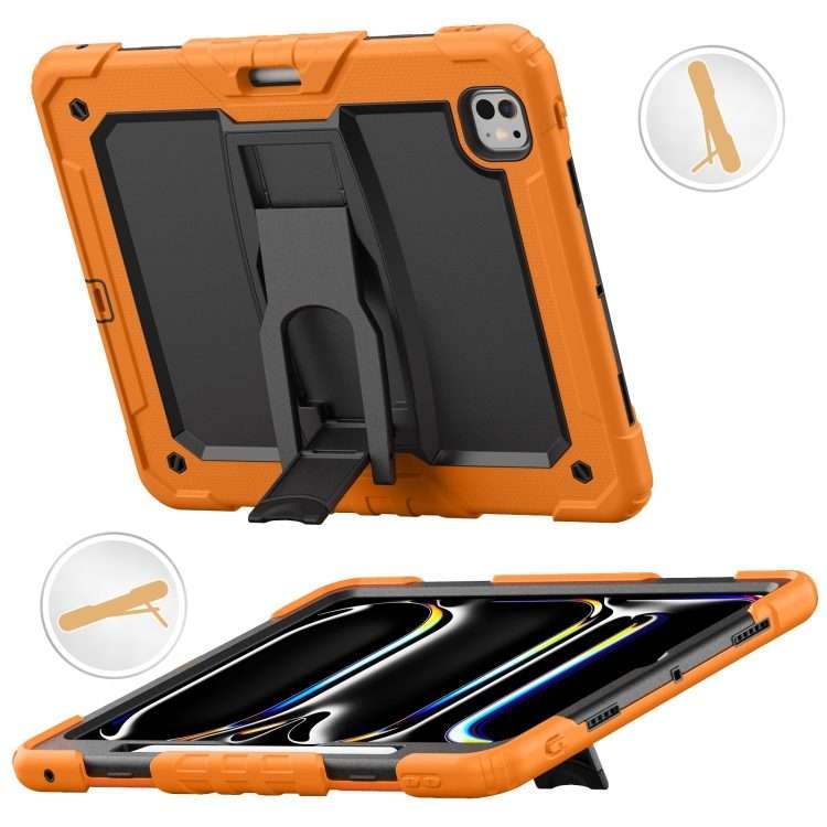 For iPad Pro 13 2025 / 2024 Silicone Hydric PC Tablet Case with Shoulder Strap & Holder(Orange)