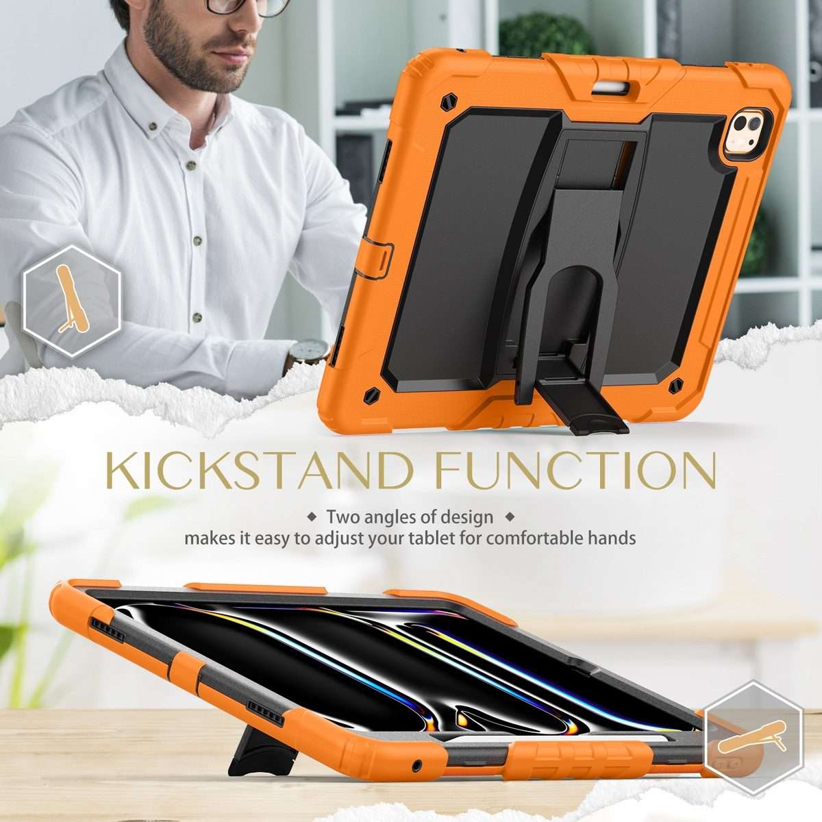 For iPad Pro 13 2025 / 2024 Silicone Hydric PC Tablet Case with Shoulder Strap & Holder(Orange)